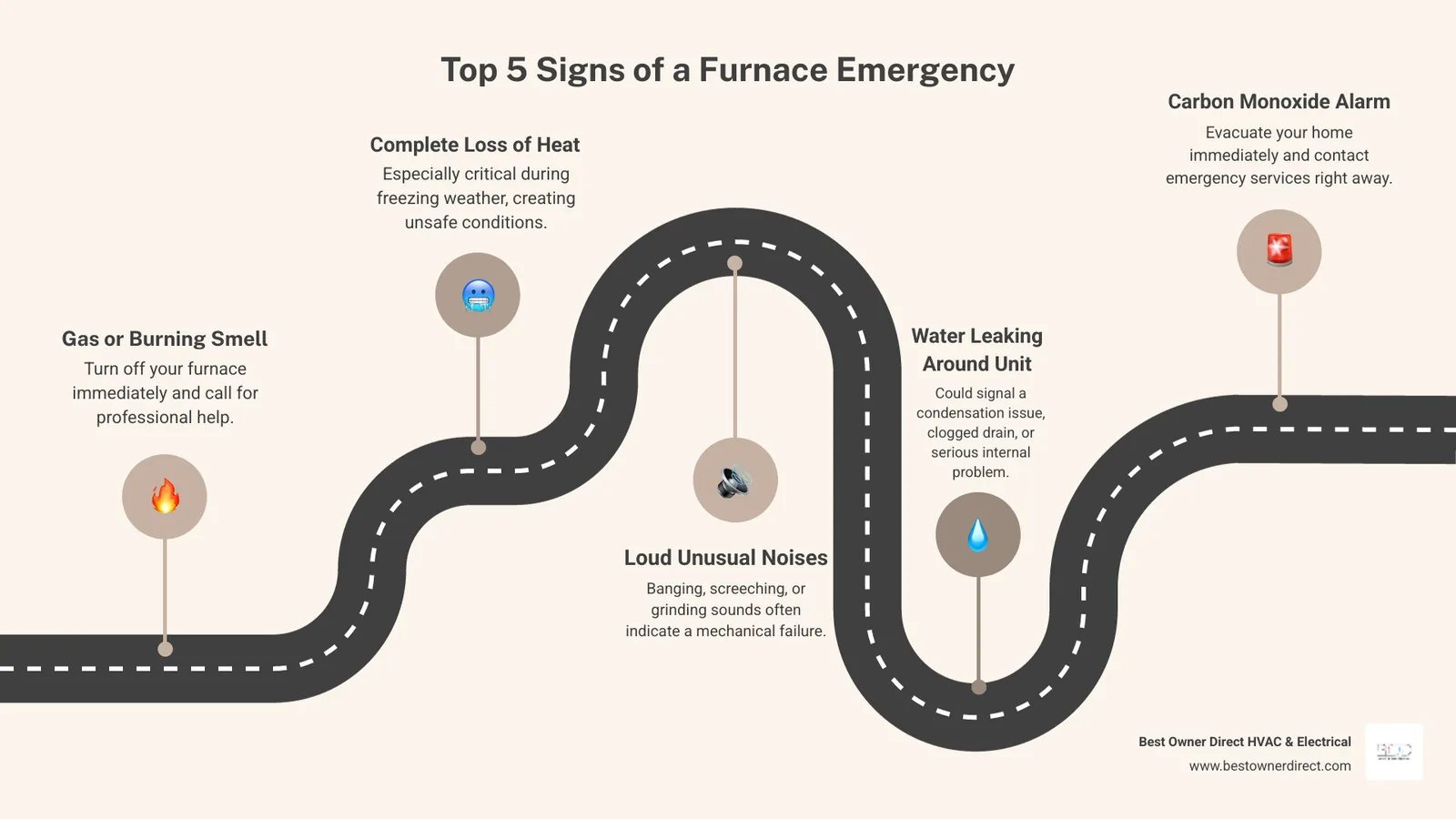 Infographic showing the top 5 signs of a furnace emergency