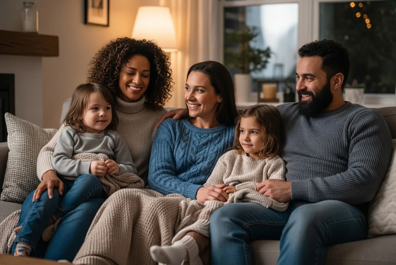 A cozy living room with a family enjoying a warm winter evening, showcasing a well-maintained home - furnace maintenance contractors in hillsboro, or