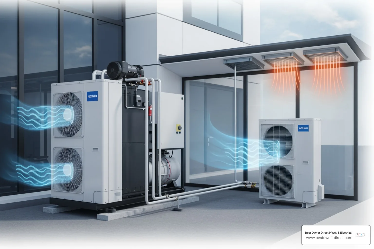 infographic showing commercial heat pump operation cycle with four labeled stages