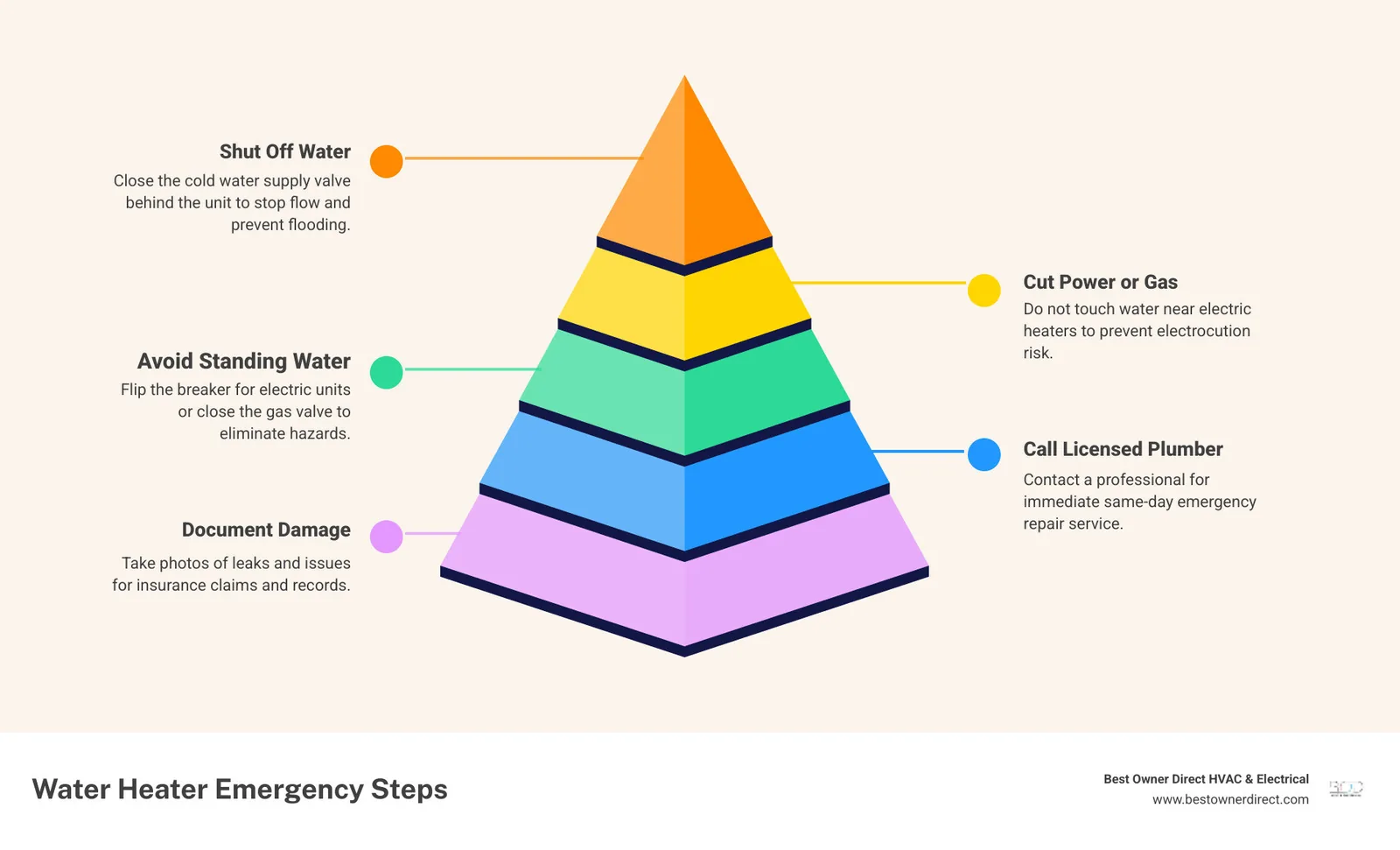 Infographic showing 5 immediate steps for water heater emergencies in Beaverton OR