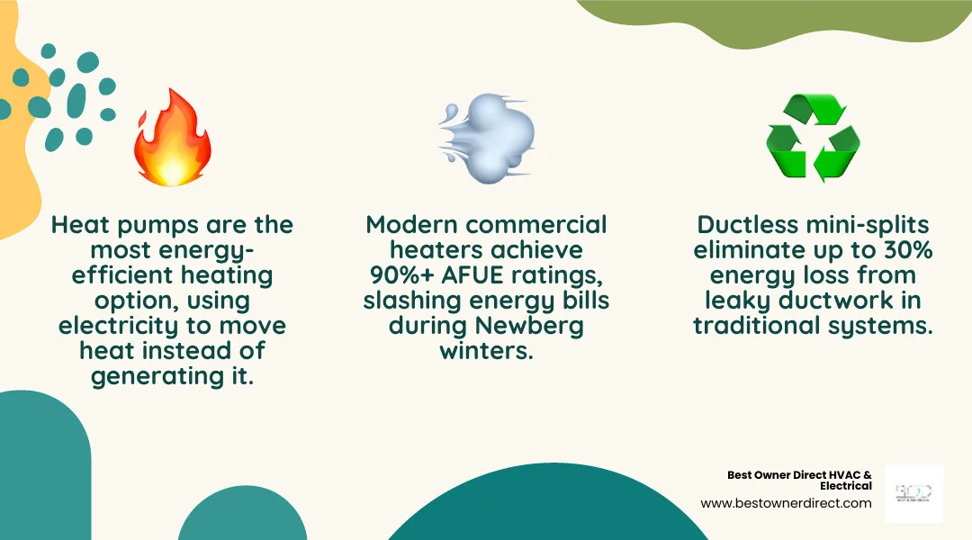 Infographic showing benefits of modern commercial heating systems including energy savings, system types, and lifespans
