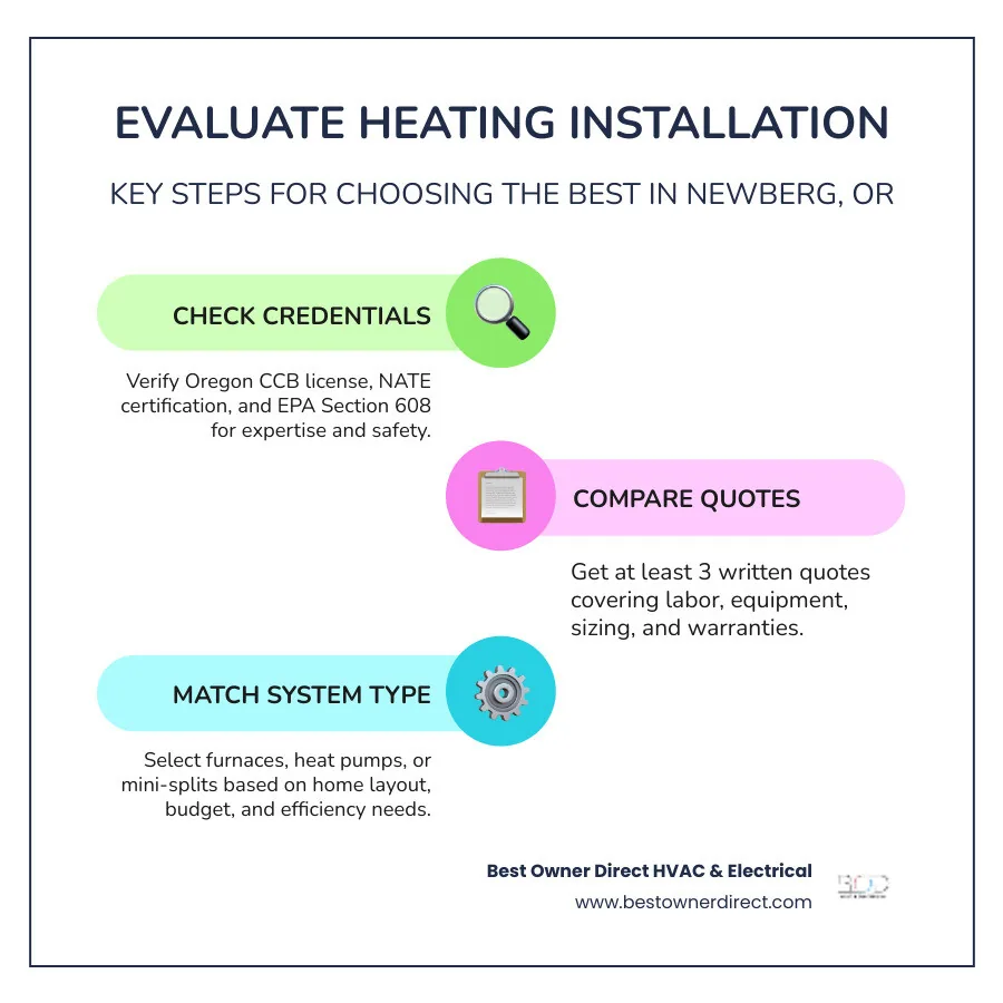 Infographic showing steps to evaluate the best heating installation in Newberg OR - best heating installation in newberg, or
