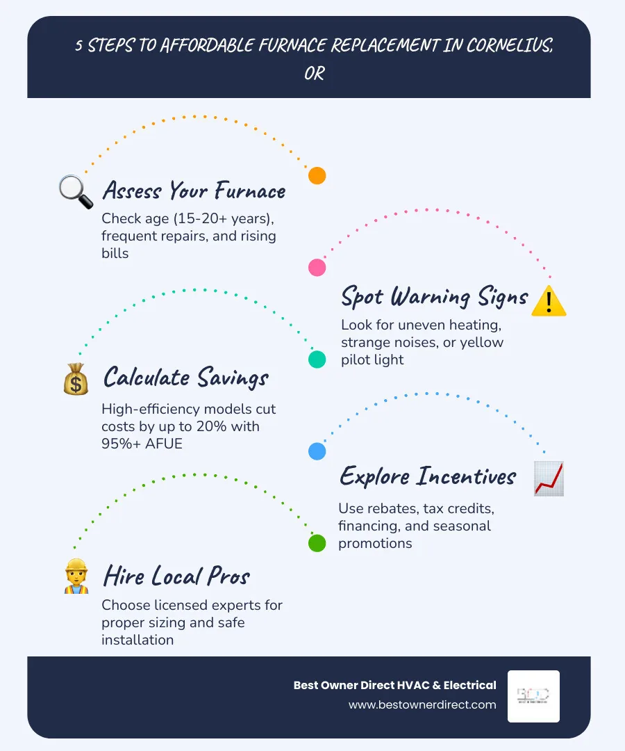 Infographic showing furnace replacement process steps and cost-saving tips for Cornelius OR homeowners - affordable furnace