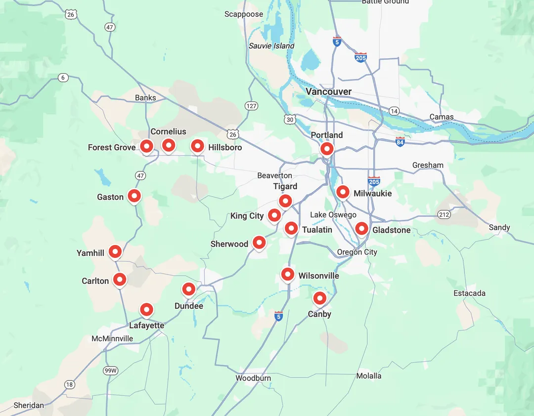 Map of the Tualatin Valley & Portland metro communities served by Best Owner Direct HVAC & Electrical